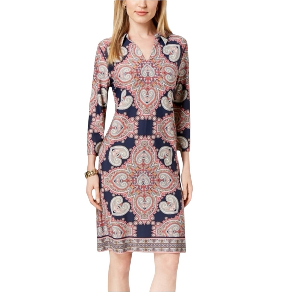 NWT Charter Club Petite Medium Medallion Print Shift Dress Dark Navy Pink Guava